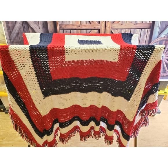 Handmade Crochet Blanket Throw Red White Blue Patriotic Fringe